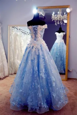 Fancy A-line Off The Shoulder Lace Up Long Prom Dresses With Appliques YZ211020