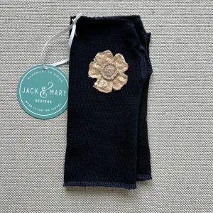 Fingerless Mittens Short, Navy Merino Wool with Cream Flower 106