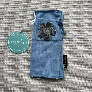 Fingerless Mittens Short, Sky Blue Merino Wool with Grey Flower 118