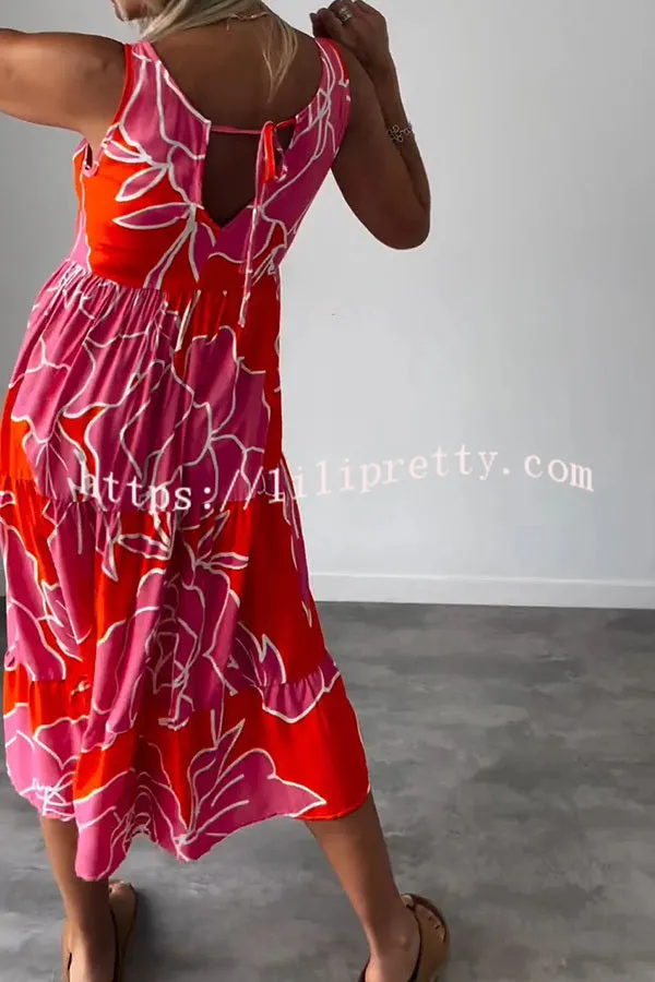 Floral Print Contrast Sleeveless Lace-up Midi Dress