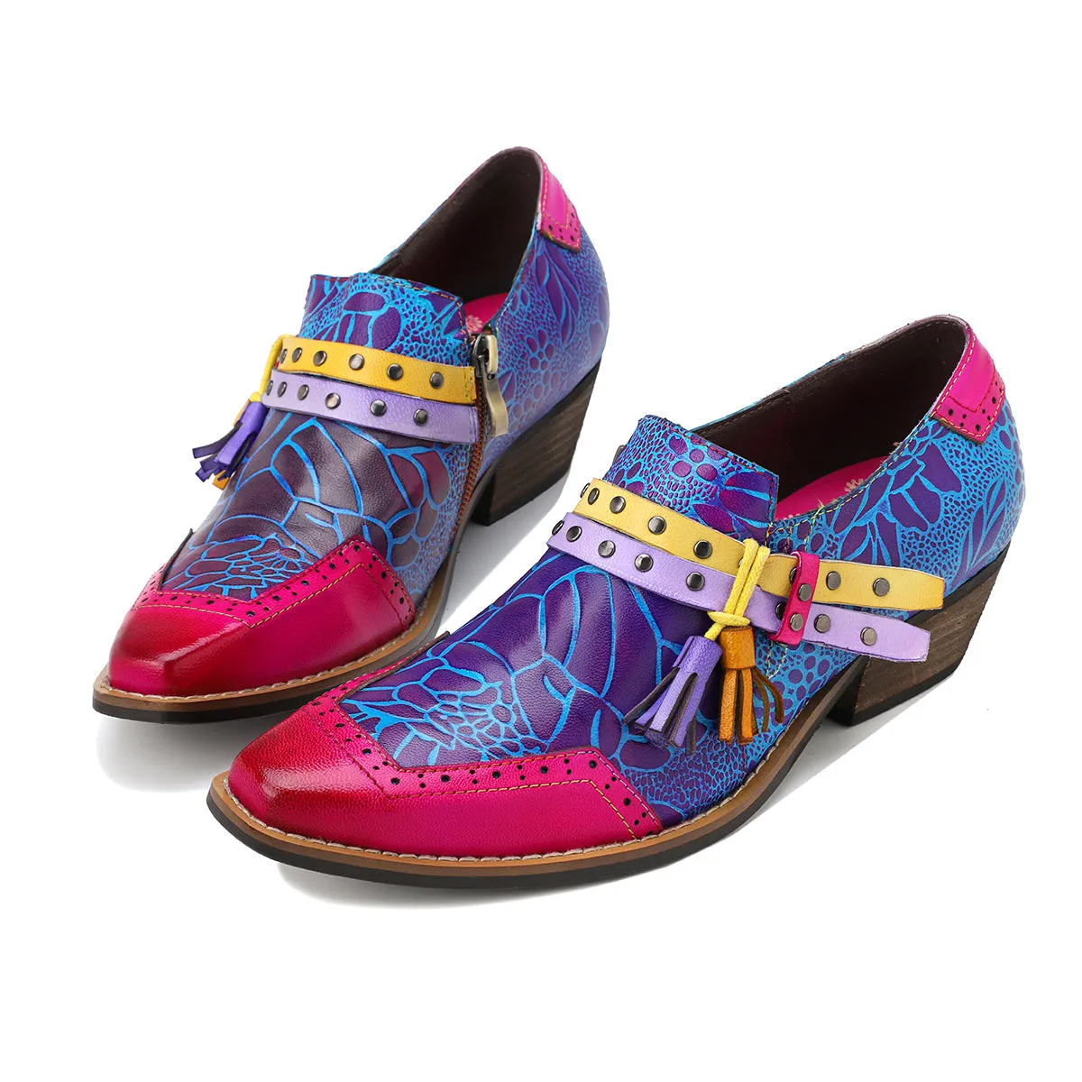Flower-Accent Genuine Leather Booties Oxford Shoes