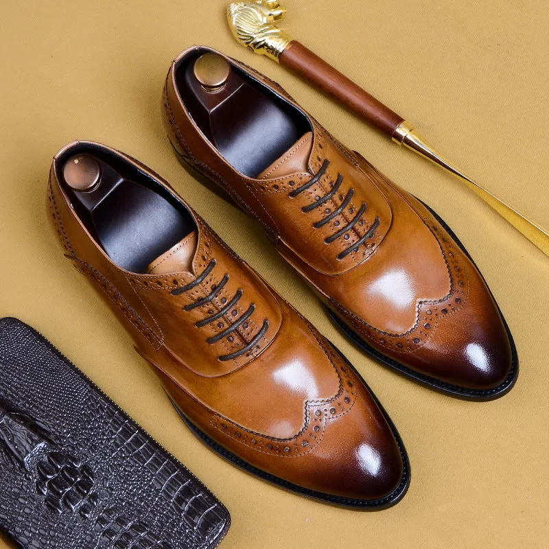 Formal Leather Shoes Men's Genuine Leather England Style Carving Brogue Men's Shoes Top Layer Cowhide Business Formal Wear Pointed Oxford Shoes25858