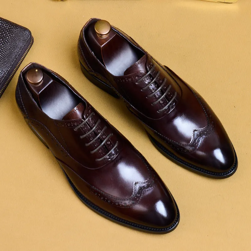 Formal Leather Shoes Men's Genuine Leather England Style Carving Brogue Men's Shoes Top Layer Cowhide Business Formal Wear Pointed Oxford Shoes25858