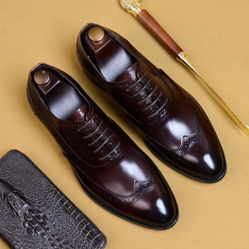 Formal Leather Shoes Men's Genuine Leather England Style Carving Brogue Men's Shoes Top Layer Cowhide Business Formal Wear Pointed Oxford Shoes25858