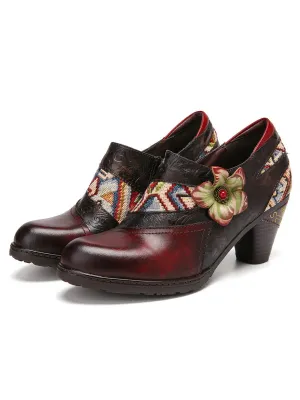 Genuine Leather Dark Claret Floral Heel Bootie Oxford Shoes