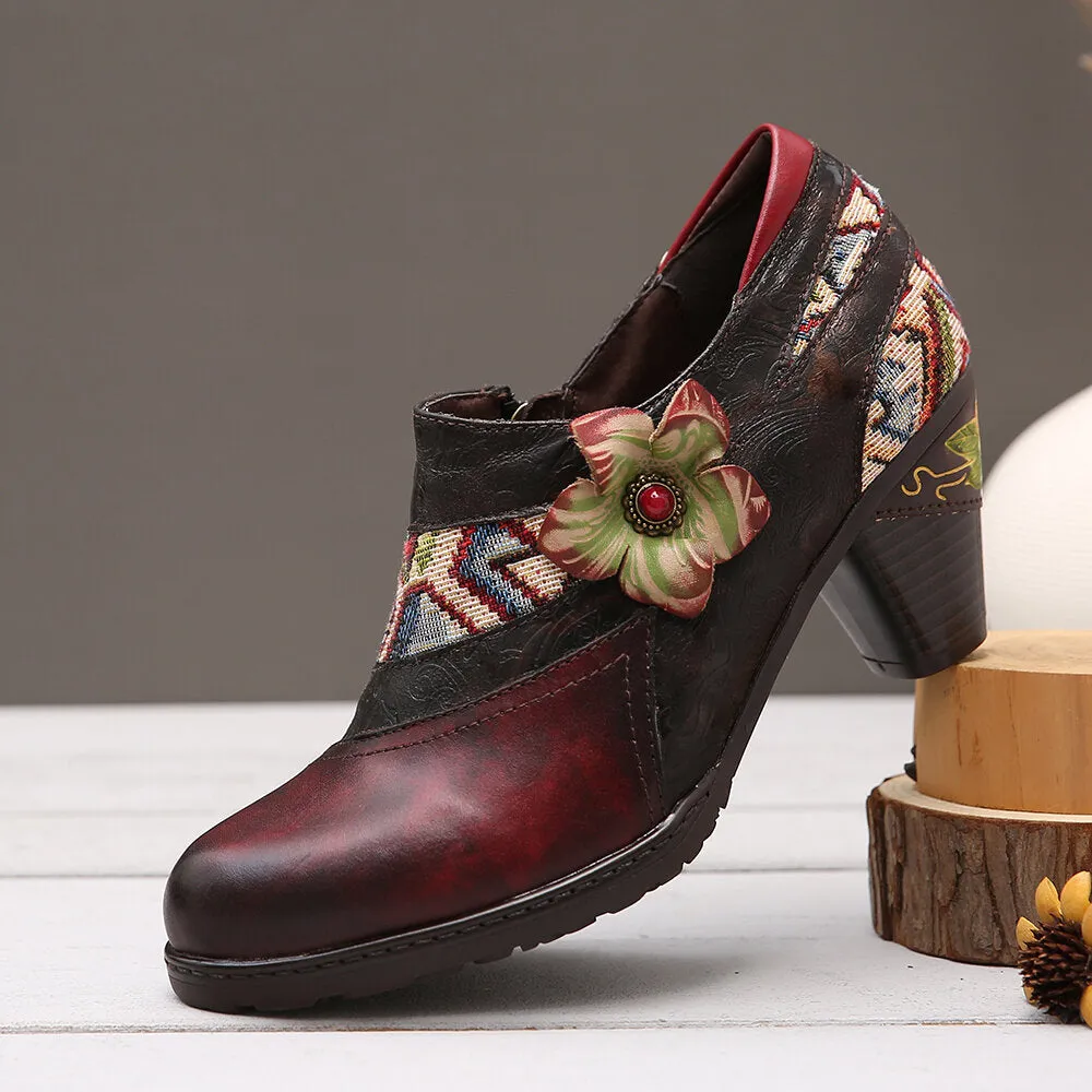 Genuine Leather Dark Claret Floral Heel Bootie Oxford Shoes