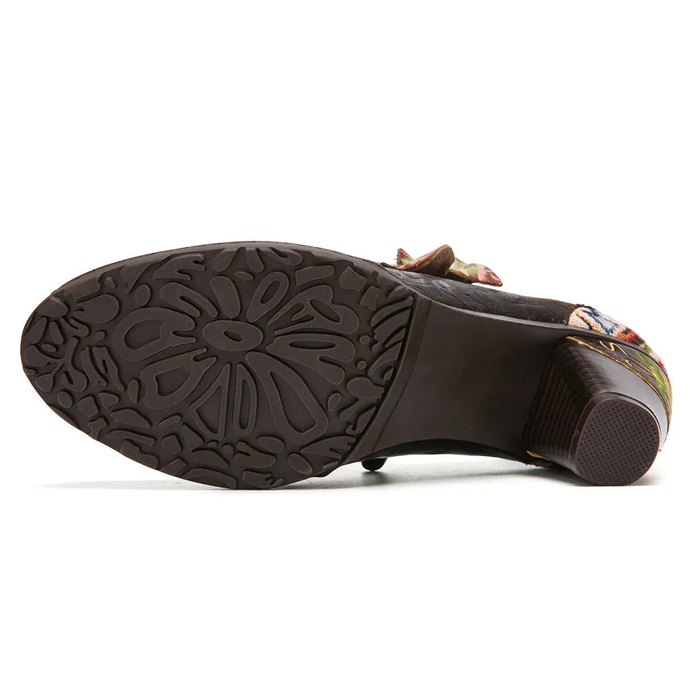 Genuine Leather Dark Claret Floral Heel Bootie Oxford Shoes