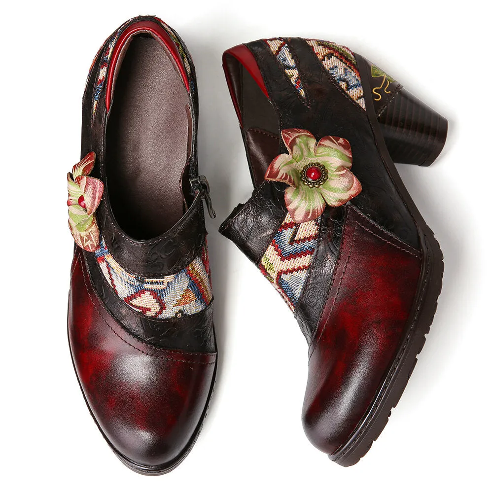Genuine Leather Dark Claret Floral Heel Bootie Oxford Shoes