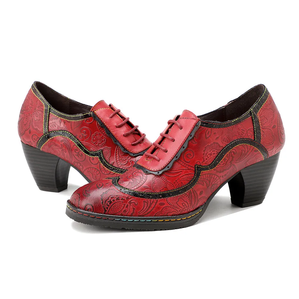 Genuine Leather Floral Embossed Oxford Shoes Heel Bootie Pumps - Soffia