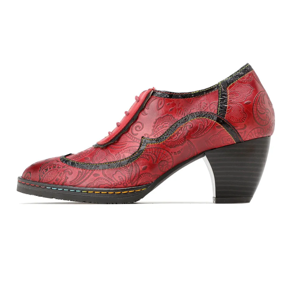 Genuine Leather Floral Embossed Oxford Shoes Heel Bootie Pumps - Soffia