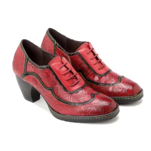 Genuine Leather Floral Embossed Oxford Shoes Heel Bootie Pumps - Soffia