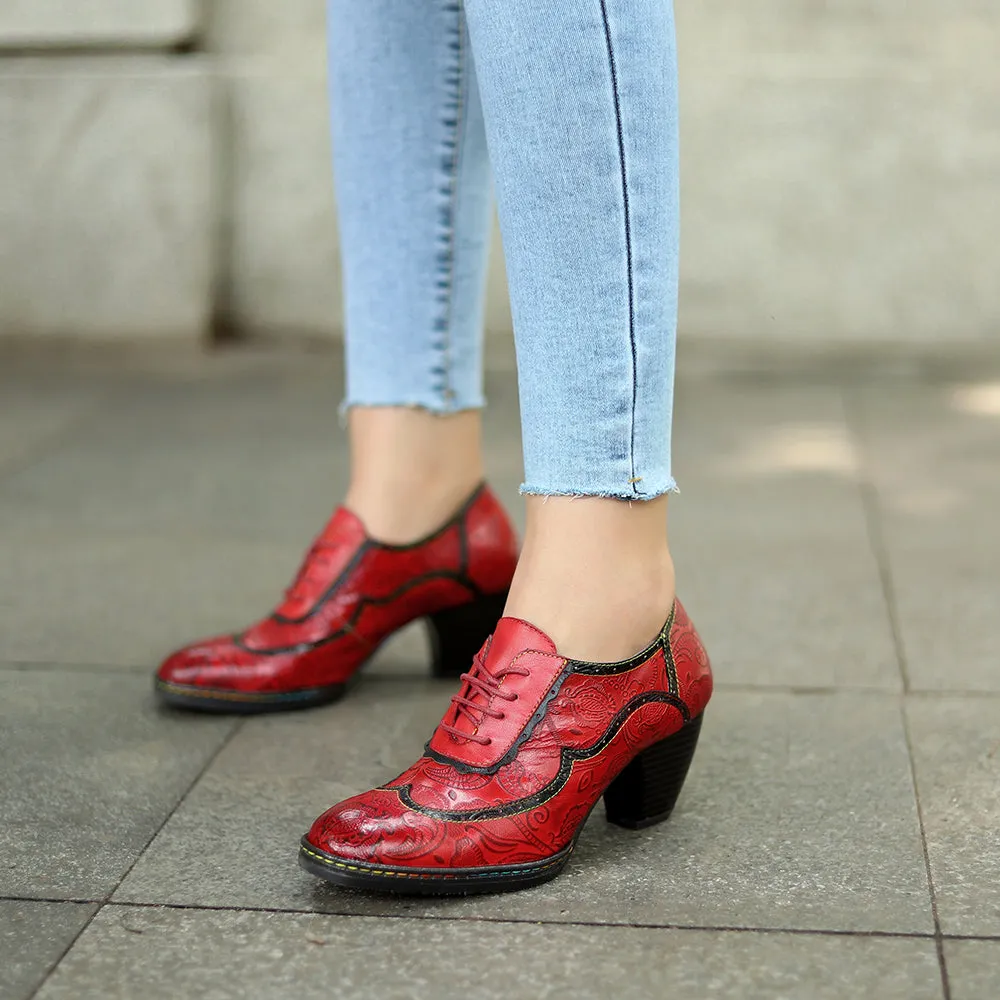 Genuine Leather Floral Embossed Oxford Shoes Heel Bootie Pumps - Soffia