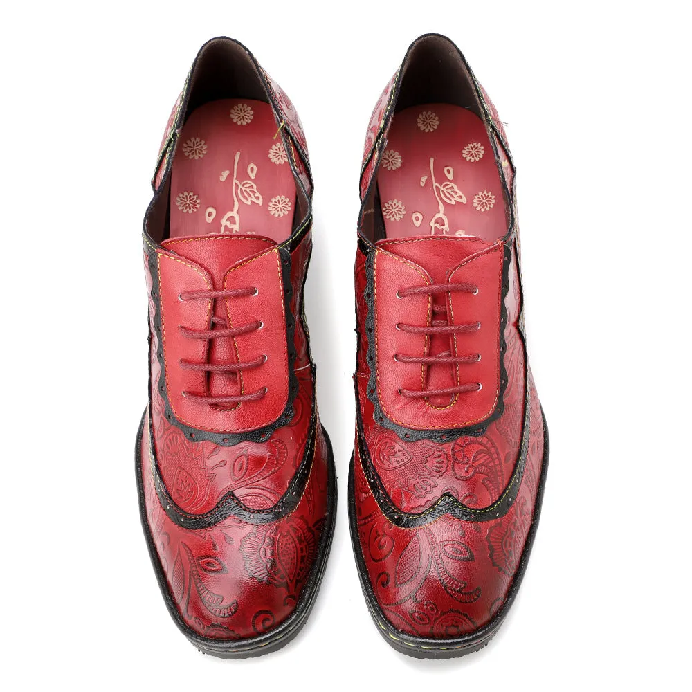 Genuine Leather Floral Embossed Oxford Shoes Heel Bootie Pumps - Soffia