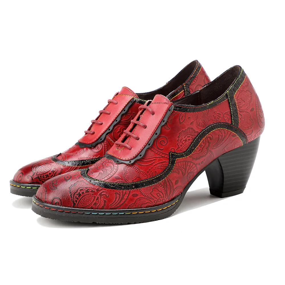 Genuine Leather Floral Embossed Oxford Shoes Heel Bootie Pumps - Soffia