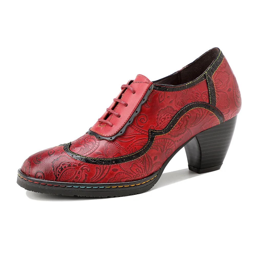 Genuine Leather Floral Embossed Oxford Shoes Heel Bootie Pumps - Soffia