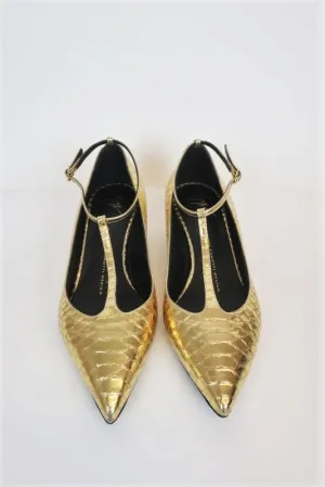 Giuseppe Zanotti Pumps Gold Snake-Embossed Leather Size 38 T-Strap Kitten Heel