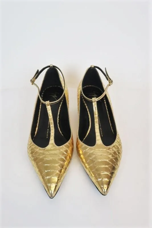 Giuseppe Zanotti Pumps Gold Snake-Embossed Leather Size 38 T-Strap Kitten Heel