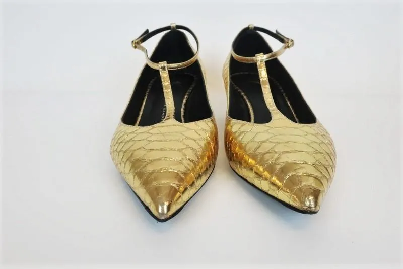 Giuseppe Zanotti Pumps Gold Snake-Embossed Leather Size 38 T-Strap Kitten Heel