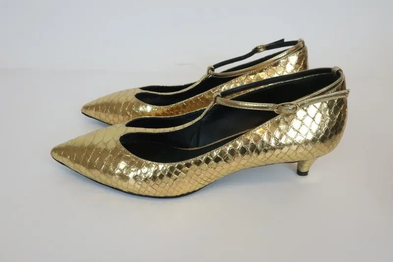 Giuseppe Zanotti Pumps Gold Snake-Embossed Leather Size 38 T-Strap Kitten Heel
