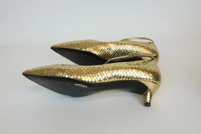 Giuseppe Zanotti Pumps Gold Snake-Embossed Leather Size 38 T-Strap Kitten Heel