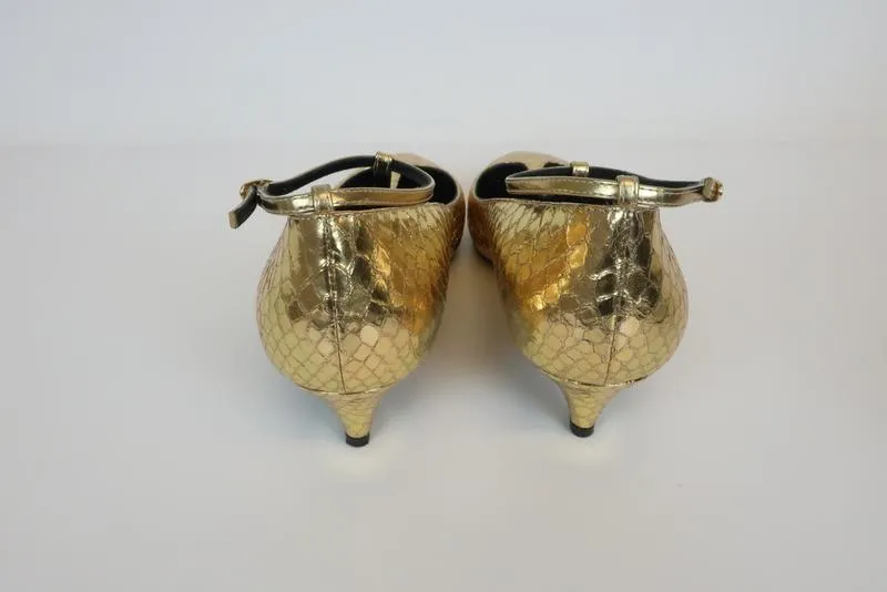Giuseppe Zanotti Pumps Gold Snake-Embossed Leather Size 38 T-Strap Kitten Heel