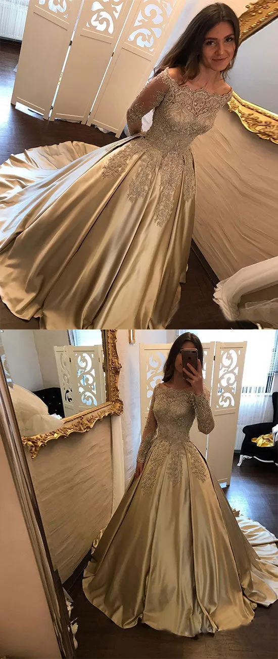 Gold satin lace long prom dress, long sleeve evening dress