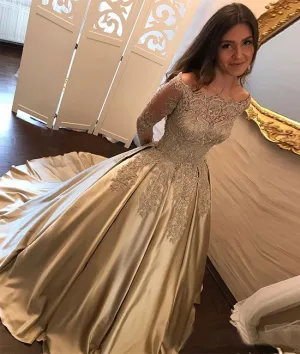 Gold satin lace long prom dress, long sleeve evening dress