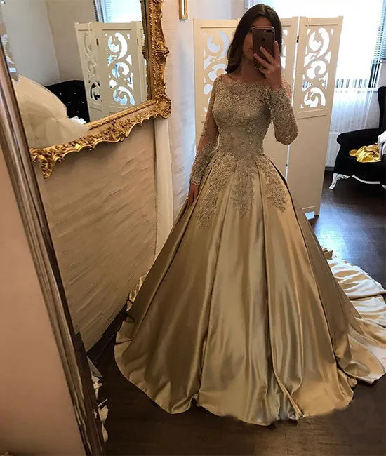 Gold satin lace long prom dress, long sleeve evening dress