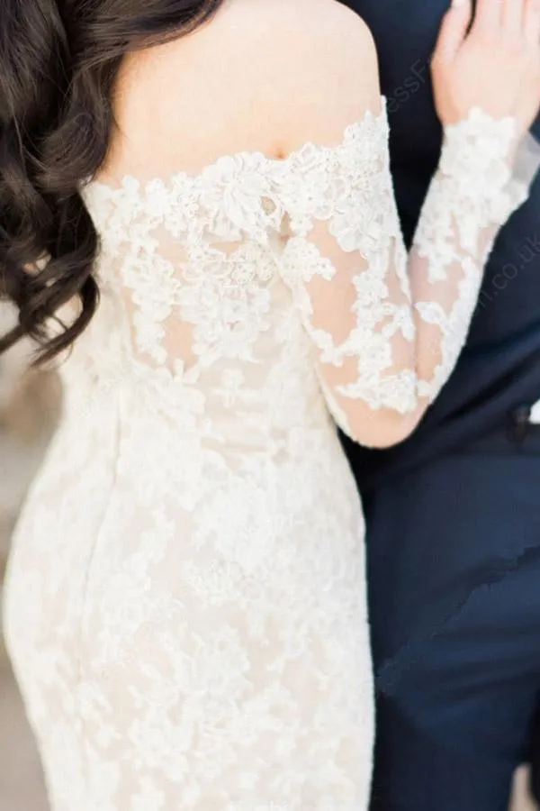 Gorgeous Off Shoulder White Lace Long Sleeves Mermaid Wedding Dress WD119