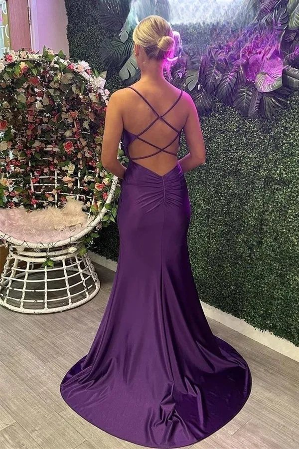Grape Mermaid Straps Beaded Satin Long Prom Dress with Slit TP1284