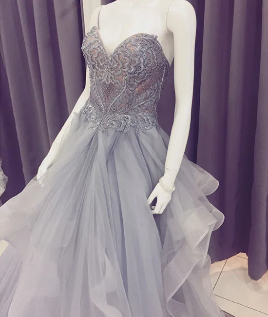 Gray lace tulle long prom dress, sweetheart neck evening dress