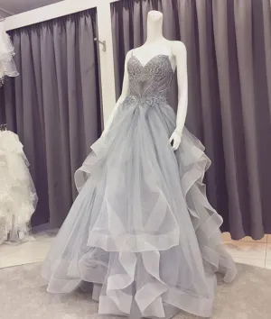 Gray lace tulle long prom dress, sweetheart neck evening dress