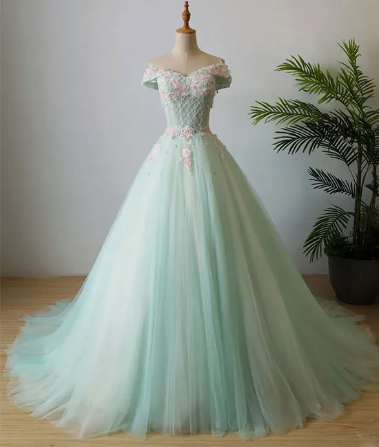 Green v neck tulle beads long prom dress, tulle evening dress