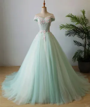 Green v neck tulle beads long prom dress, tulle evening dress