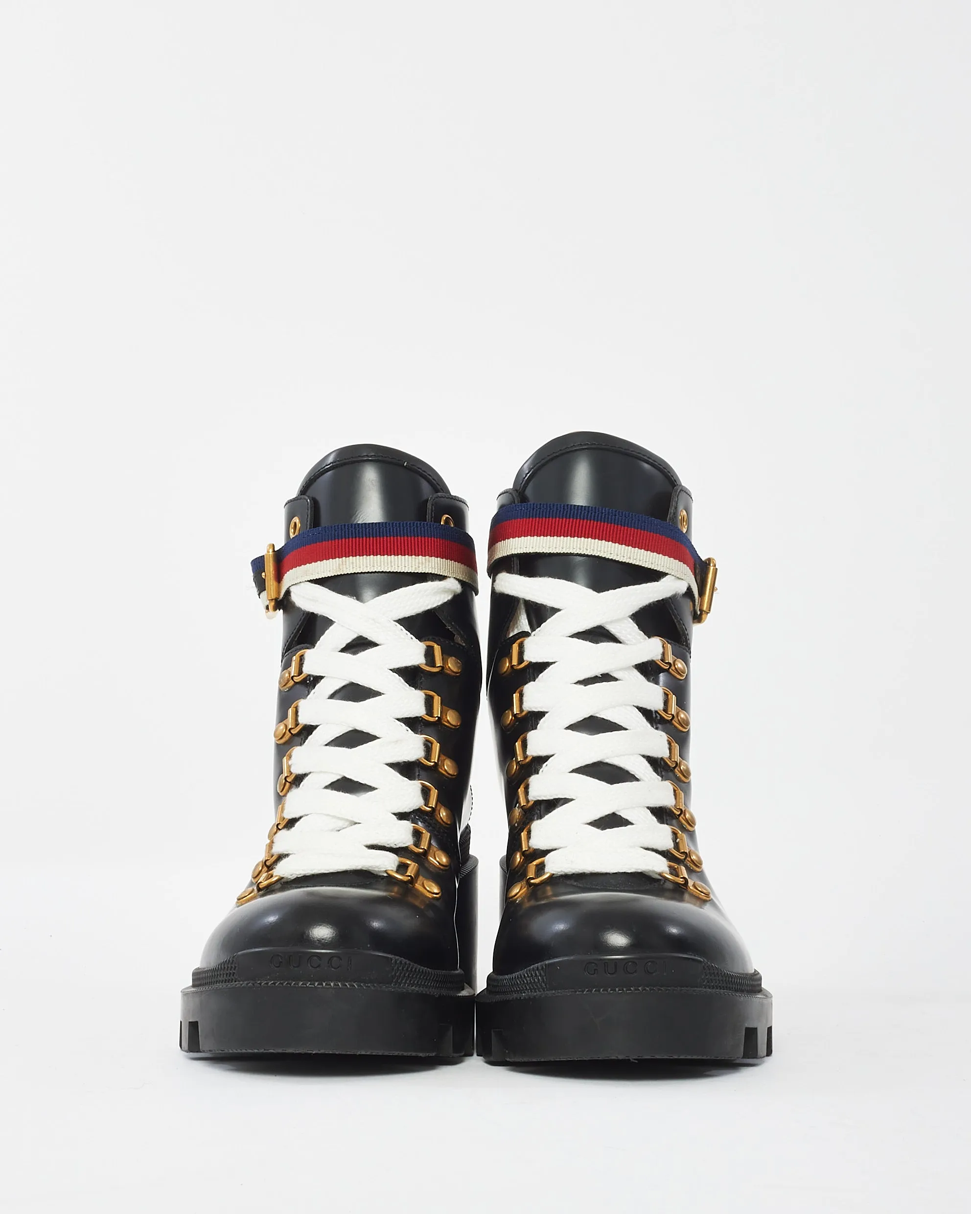 Gucci Black Calfskin Sylvie Web Lace Up Combat Boot - 39