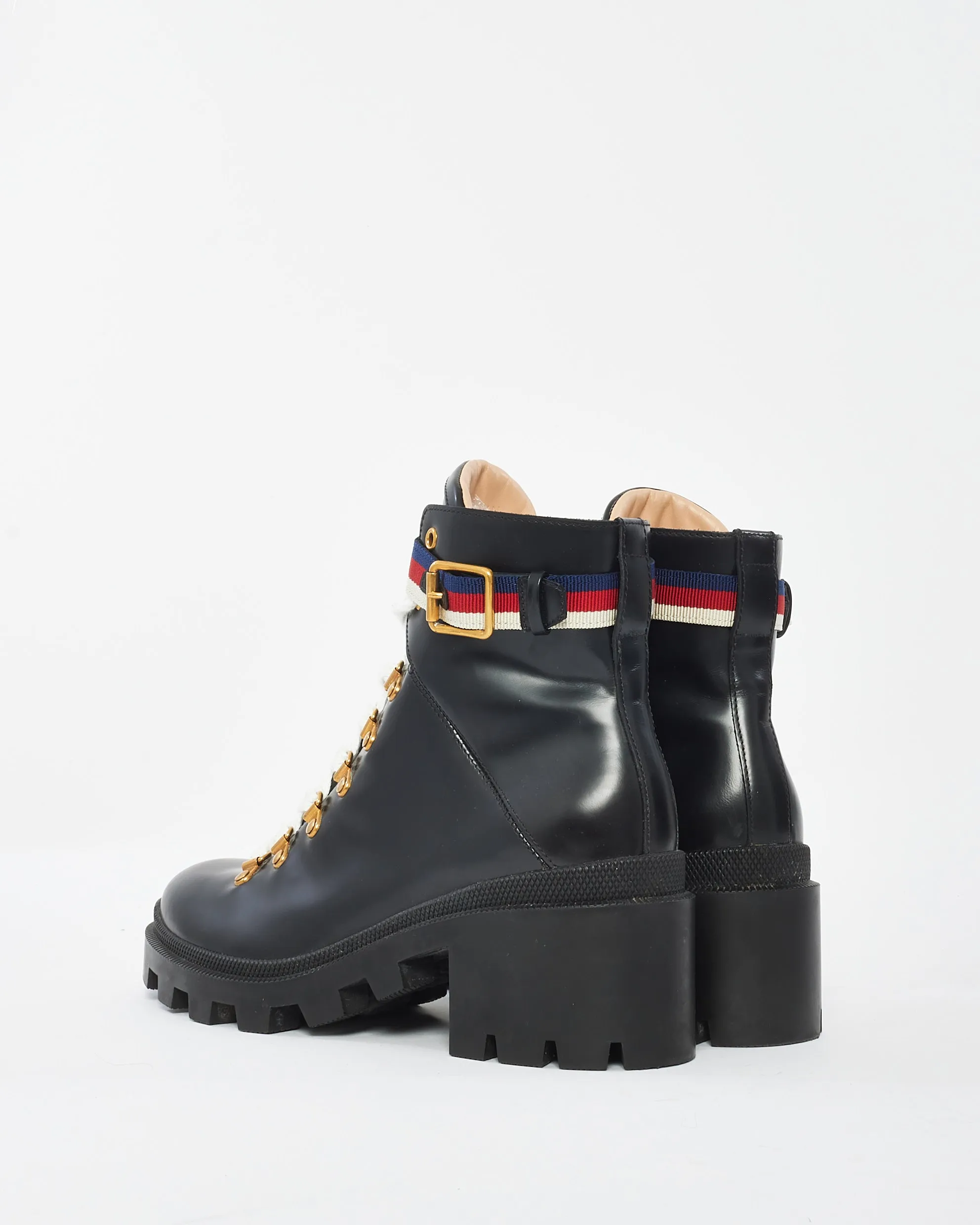 Gucci Black Calfskin Sylvie Web Lace Up Combat Boot - 39