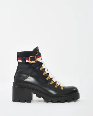 Gucci Black Calfskin Sylvie Web Lace Up Combat Boot - 39