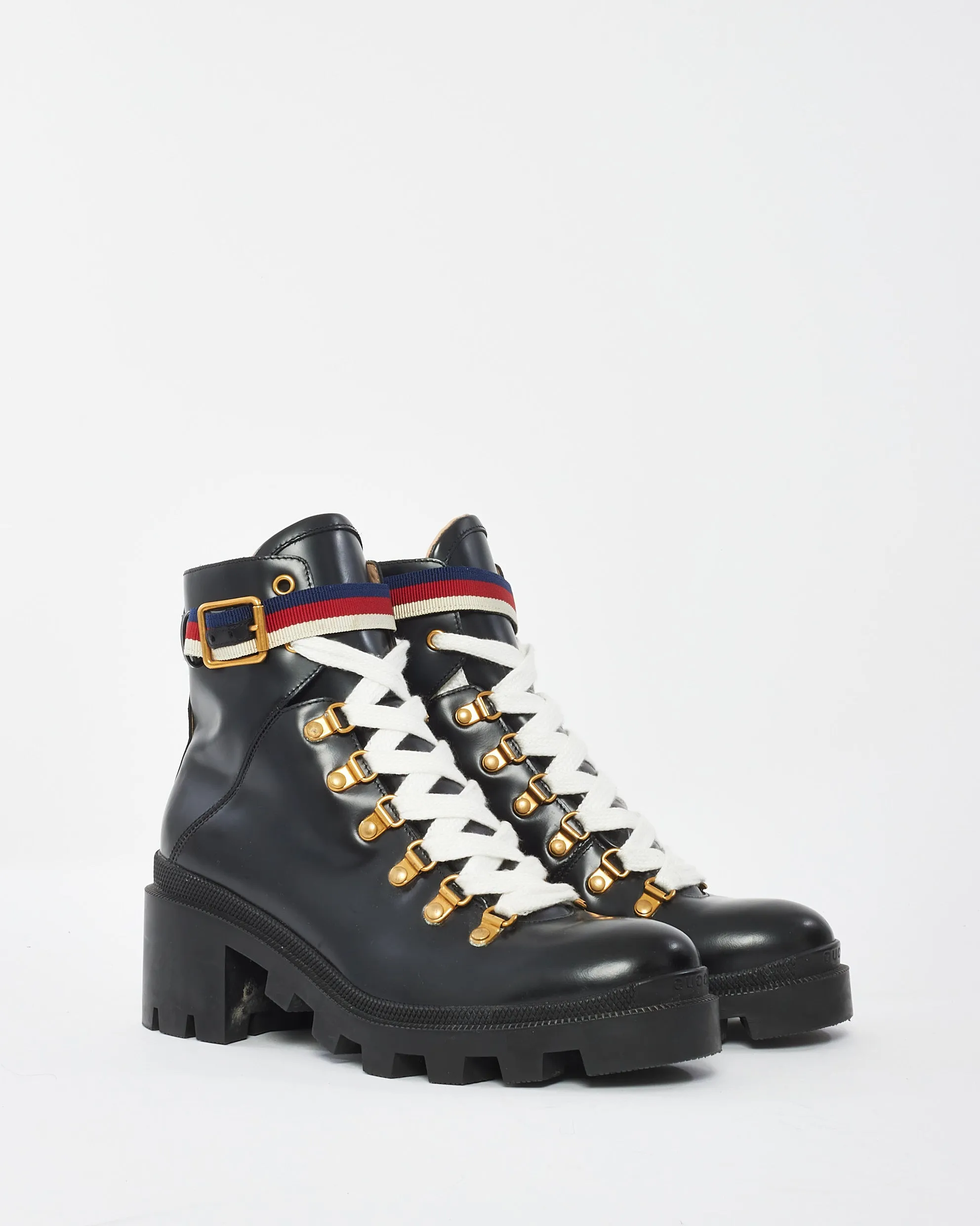 Gucci Black Calfskin Sylvie Web Lace Up Combat Boot - 39