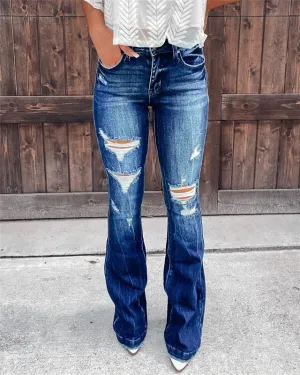 High Waist Ripped Breathable Flare Bell Bottom Jeans For Women