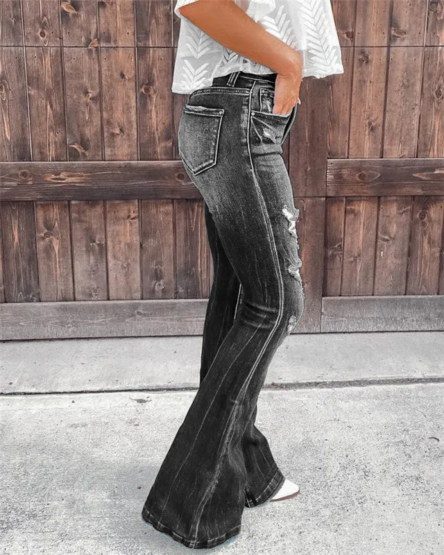 High Waist Ripped Breathable Flare Bell Bottom Jeans For Women