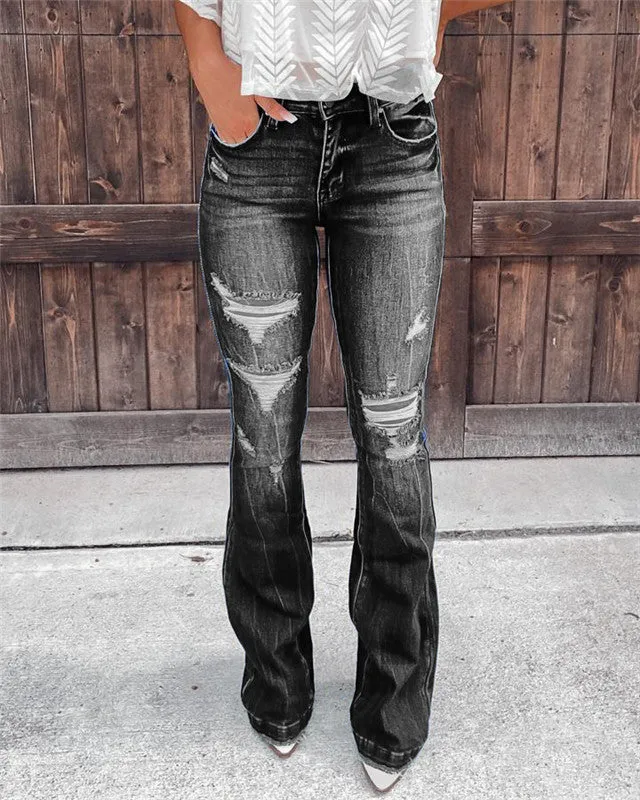 High Waist Ripped Breathable Flare Bell Bottom Jeans For Women