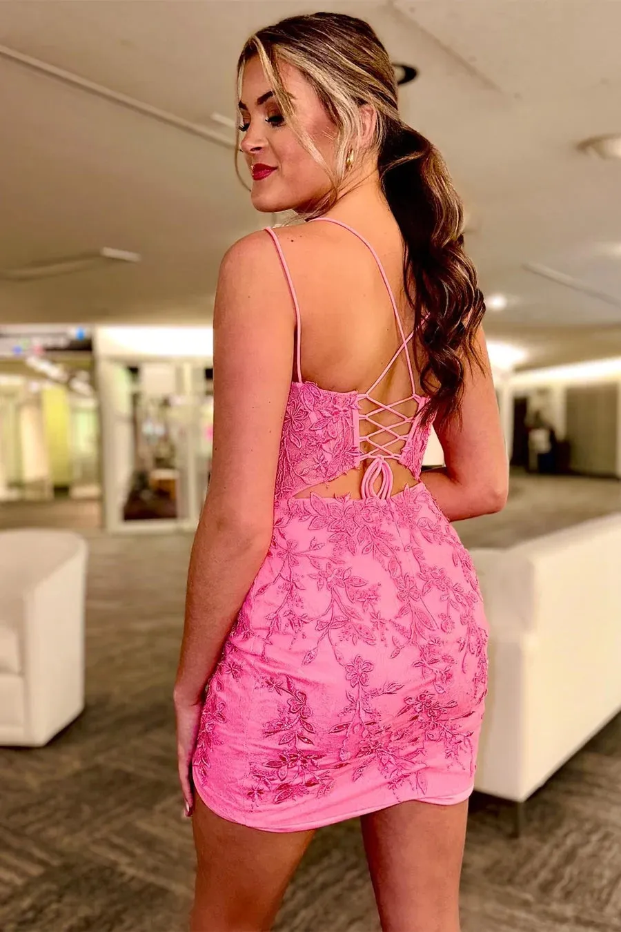 Hot Pink Appliques Plunge Tight Short Prom Dress Homecoming Dresses HD0195