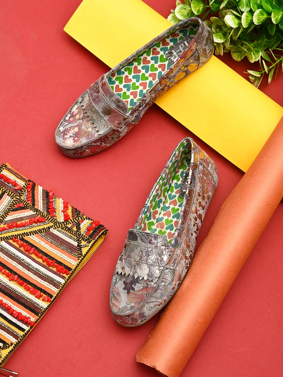 Hydes N Hues Silver Foil Moccasins For Women
