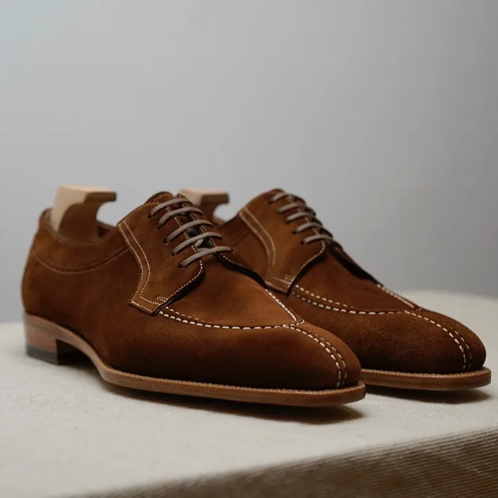Italian Brown Suede Leather Laura Brogue Derby Oxfords - Formal Shoes