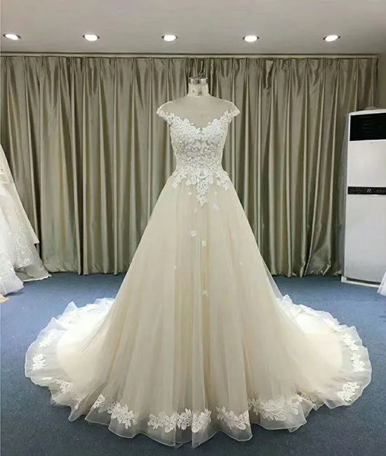Ivory tulle lace long prom dress, lace evening dress