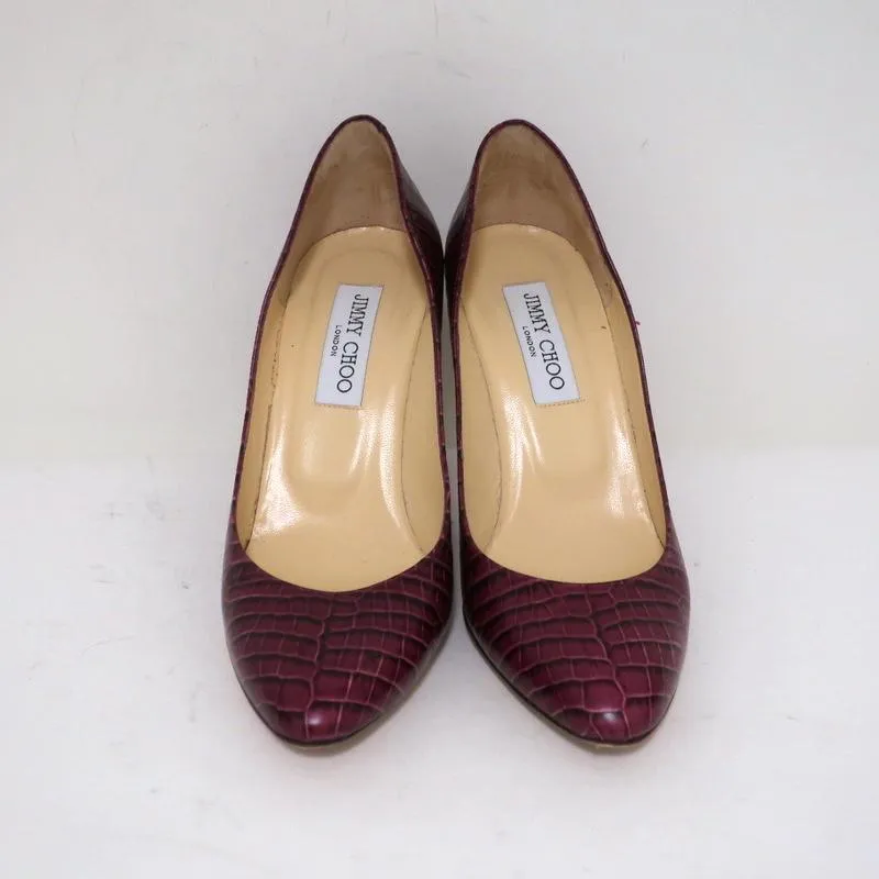 Jimmy Choo Gilbert Pumps Plum Crocodile-Embossed Leather Size 38