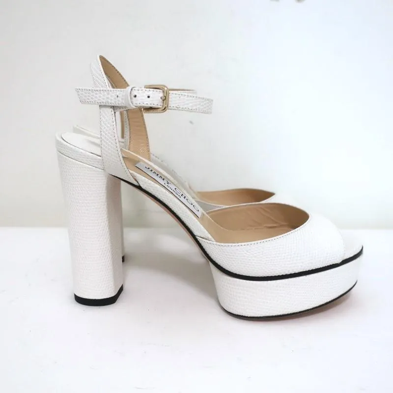 Jimmy Choo Peachy Platform Sandals White Lizard-Embossed Leather Size 36 NEW