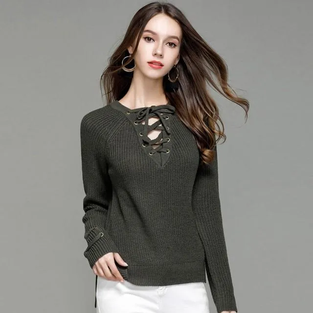 Knitted Lace-Up Sweater