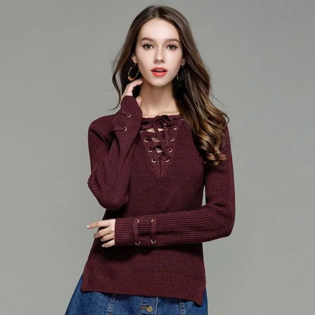 Knitted Lace-Up Sweater