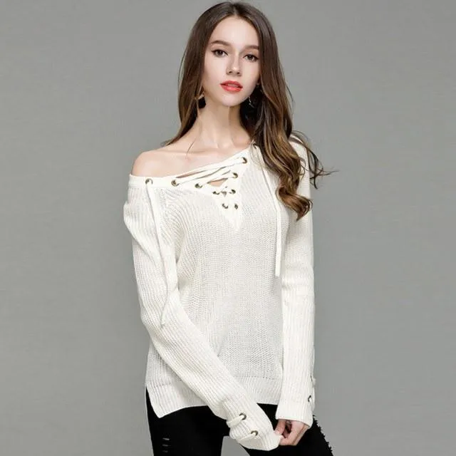 Knitted Lace-Up Sweater